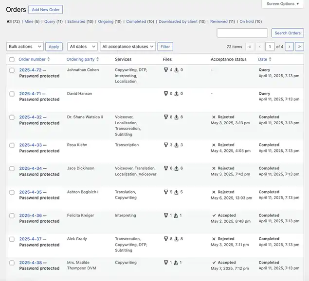 Freelance File Flow - screenshot of the orders list